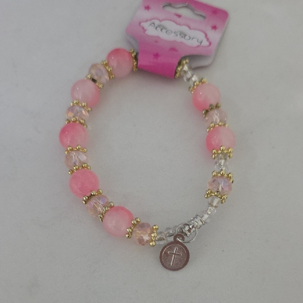 Pink Beaded Bracelet with Cross And Gold Accents